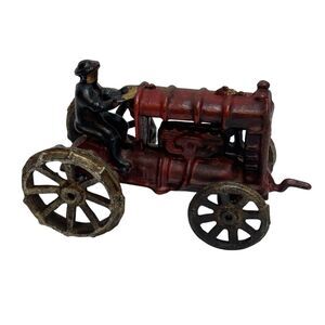 Vintage Cast Iron Metal Collectible Red Toy Tractor Driver Movable Wheels